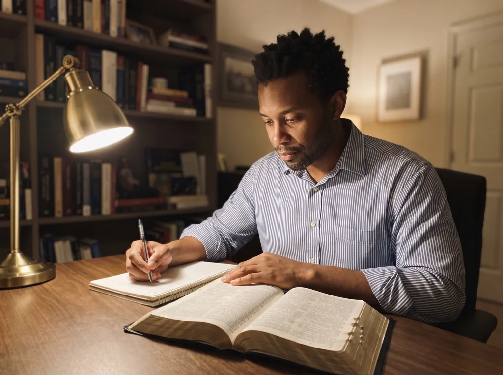 A pastor preparing Sunday's sermon at night