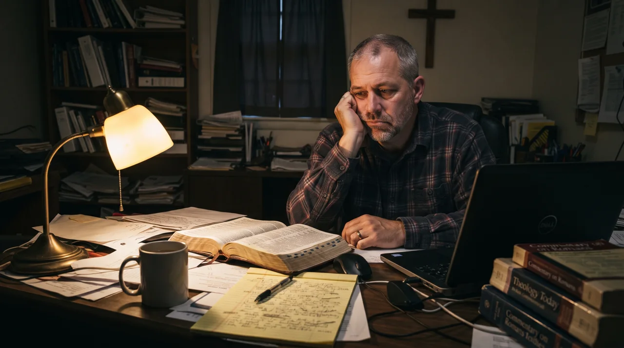 A pastor at his desk late at night, books and tabs open everywhere